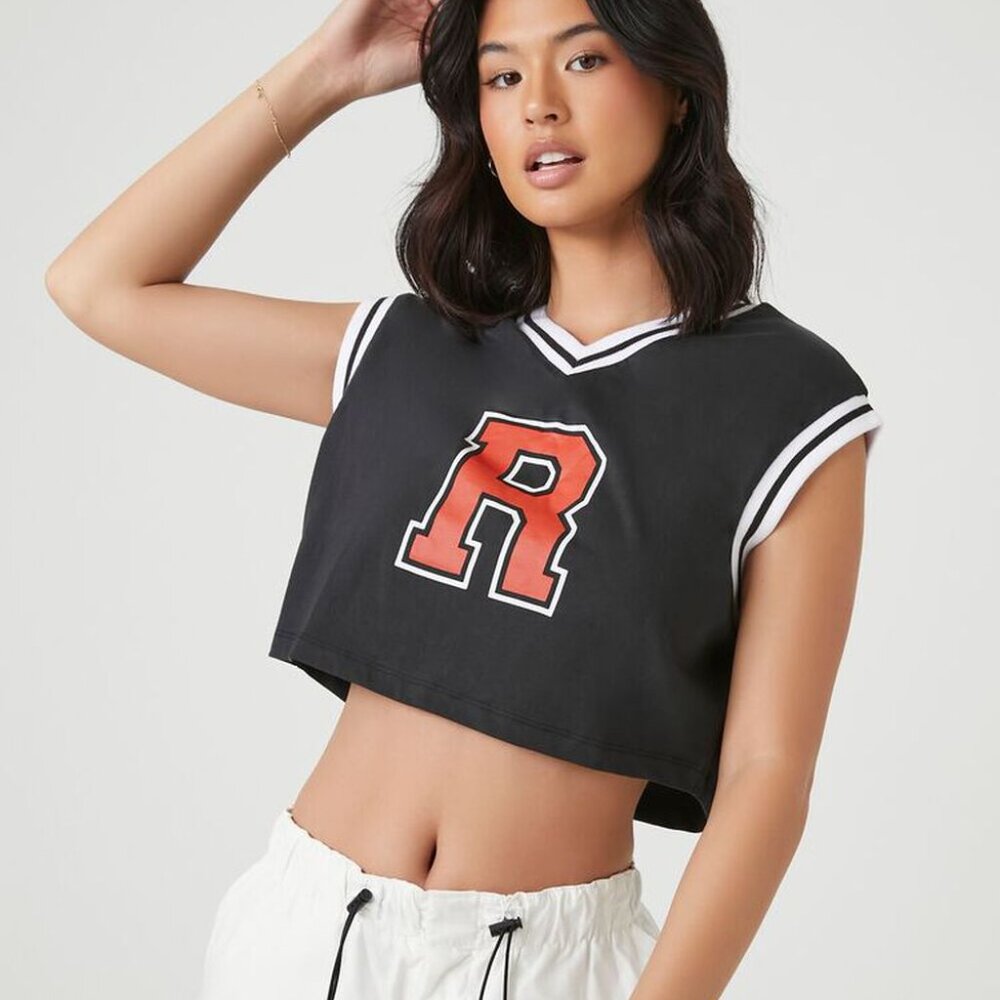 Forever 21 Small Black White Red Varsity Graphic Sleeveless Cropped Half Top
